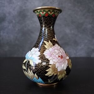 Vintage Mid Century Chinese Cloisonne Black Pink Blue Flower Vase